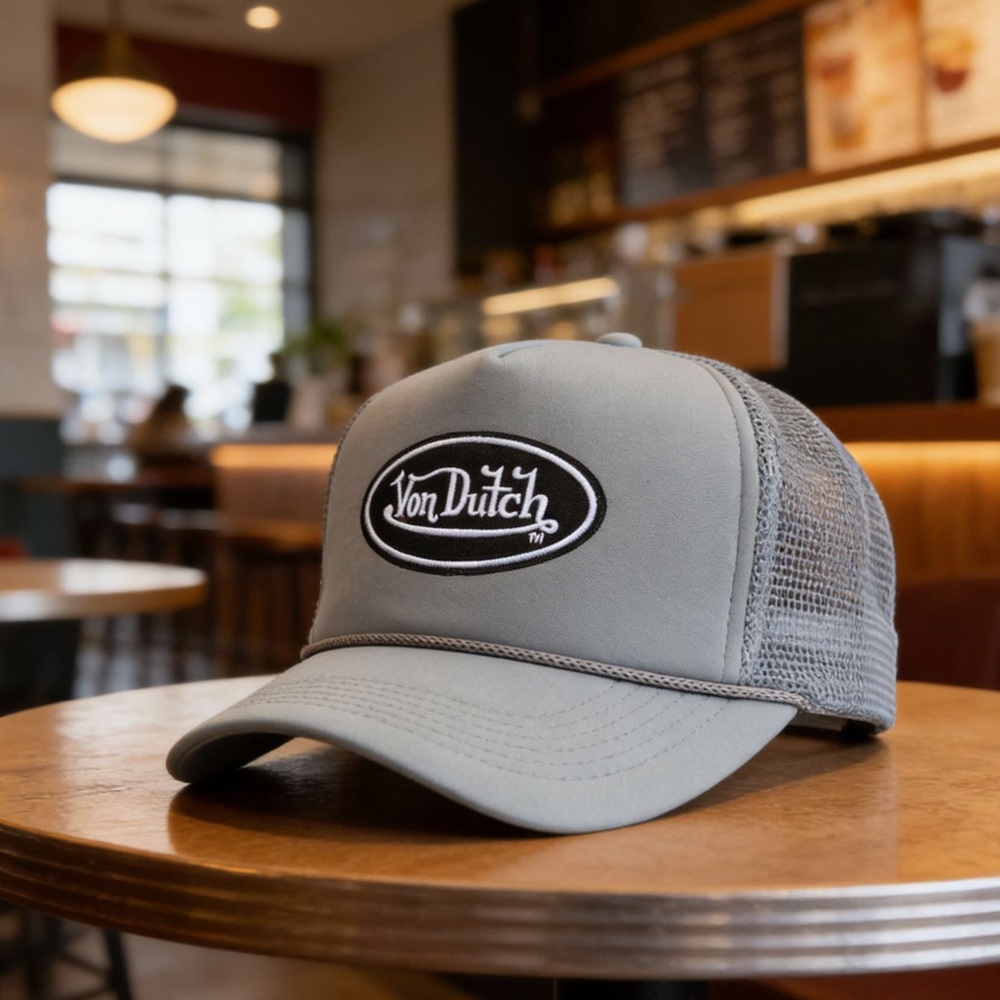 Von Dutch Light Gray Mesh Trucker Cap with Oval Logo